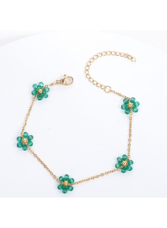Cross Border Color Crystal Flower Pearl Flower Stainless Steel Dopamine Advanced Sense Style Titanium Steel Bracelet Ankle Chain For Women 