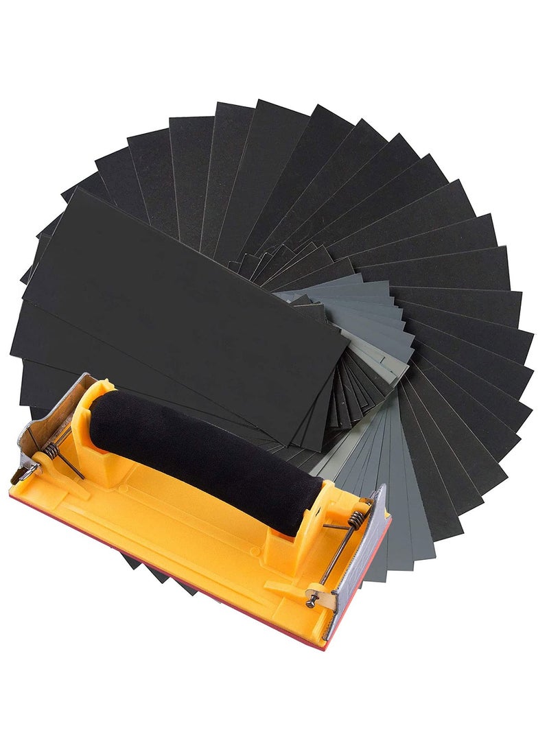 Generic 50 Pcs, Wet and Dry Sandpaper with Sanding Block Sander for Wood Furniture Finishing, Metal Sanding and Automotive Polishing 120 to 800 Assorted Grit Sanding Paper  - Image 1