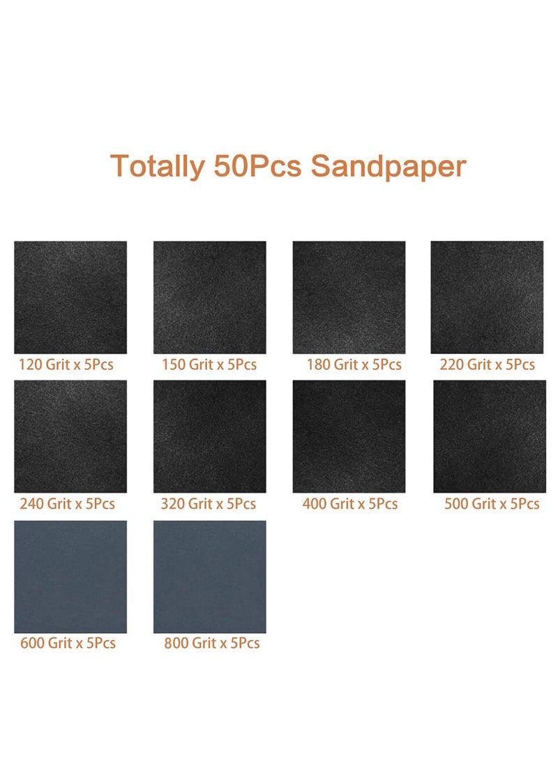 Generic 50 Pcs, Wet and Dry Sandpaper with Sanding Block Sander for Wood Furniture Finishing, Metal Sanding and Automotive Polishing 120 to 800 Assorted Grit Sanding Paper  - Image 3