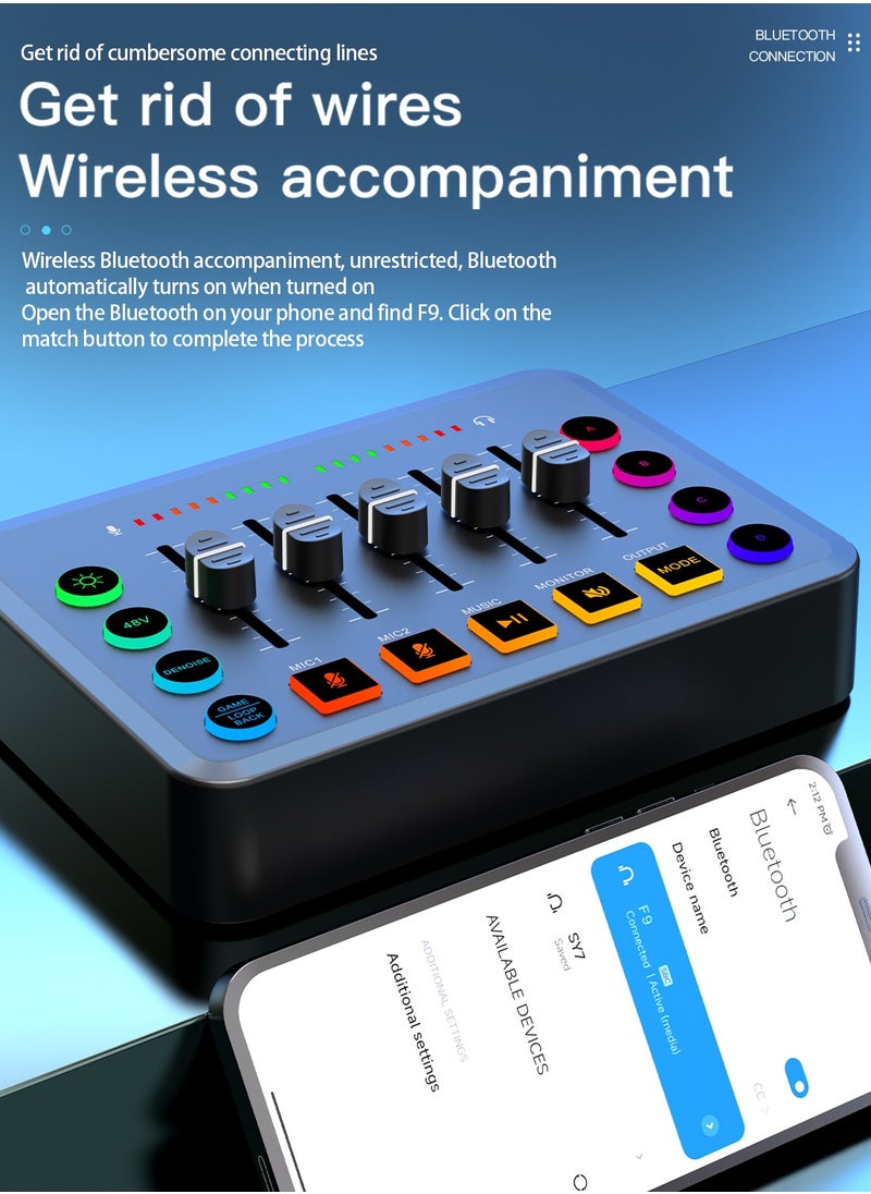 Viden - F9 Live Sound Card Professional Live Mixer DIY Button Bluetooth Phantom Power DJ Mixer Suitable for Live Broadcast PC Recording - Image 1