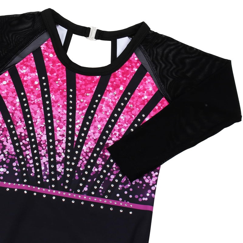 JOYSTREAM Gymnastics Leotards for Girls With Shorts Sparkly Ballet Dance Long Mesh Sleeve Rose-red Sequins,6-7Years - Image 3
