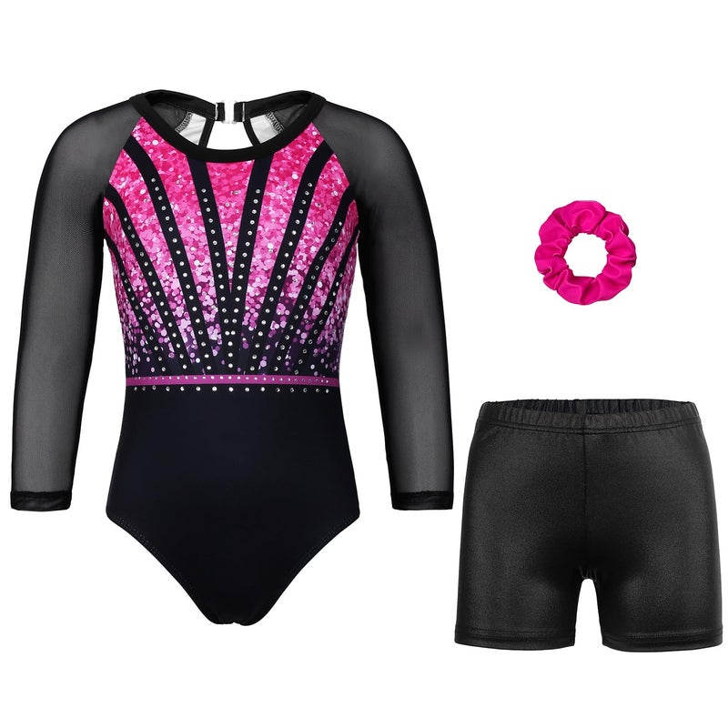 JOYSTREAM Gymnastics Leotards for Girls With Shorts Sparkly Ballet Dance Long Mesh Sleeve Rose-red Sequins,6-7Years - Image 1