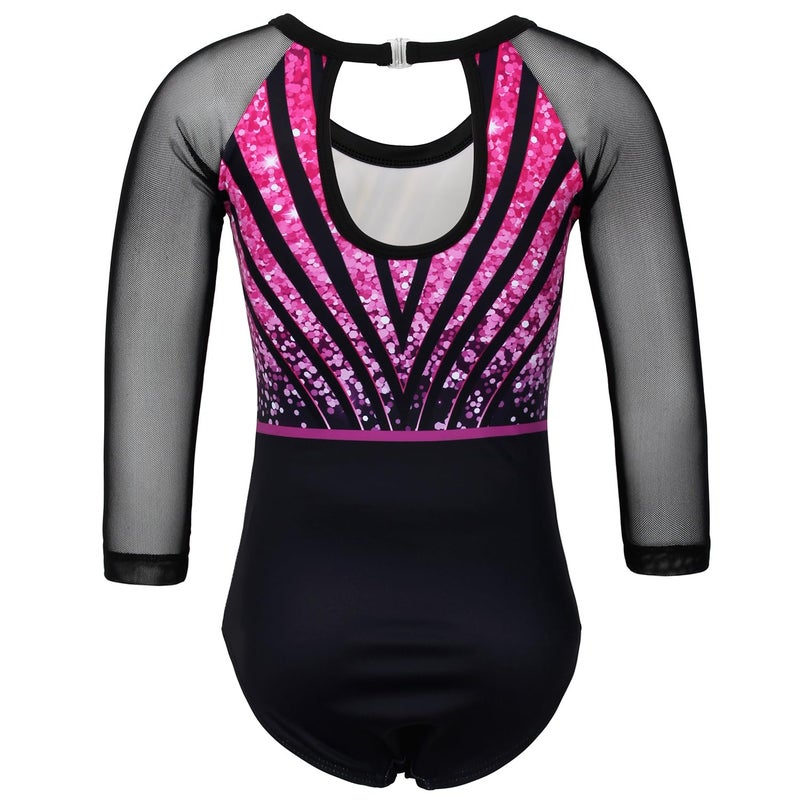 JOYSTREAM Gymnastics Leotards for Girls With Shorts Sparkly Ballet Dance Long Mesh Sleeve Rose-red Sequins,6-7Years - Image 2