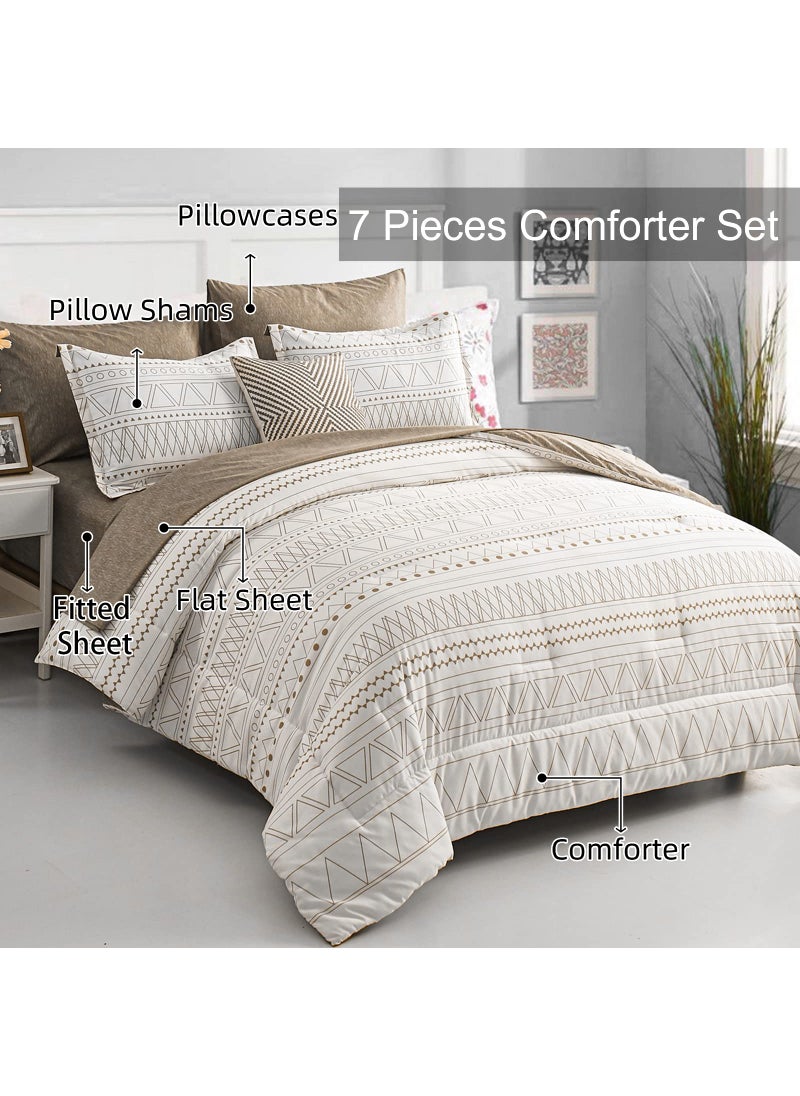 WONGS BEDDING WONGS BEDDING 7 Pieces Khaki Comforter Set Boho Bed in a Bag King Size Geometric Striped Comforter Reversible Soft Microfiber Bedding Set with Pillowcases Flat Sheet Fitted Sheet Pillow Shams  - Image 2