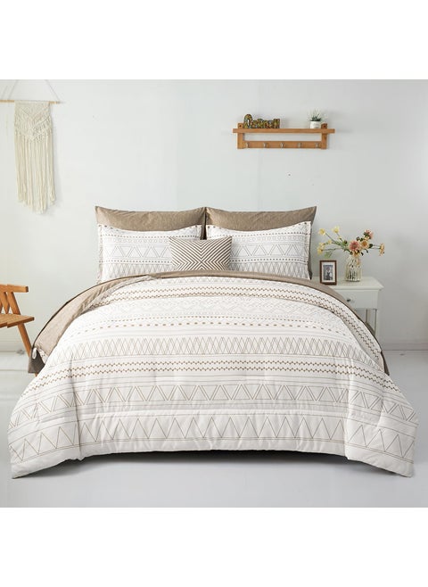 WONGS BEDDING 7 Pieces Khaki Comforter Set Boho Bed in a Bag King Size Geometric Striped Comforter Reversible Soft Microfiber Bedding Set with Pillowcases Flat Sheet Fitted Sheet Pillow Shams