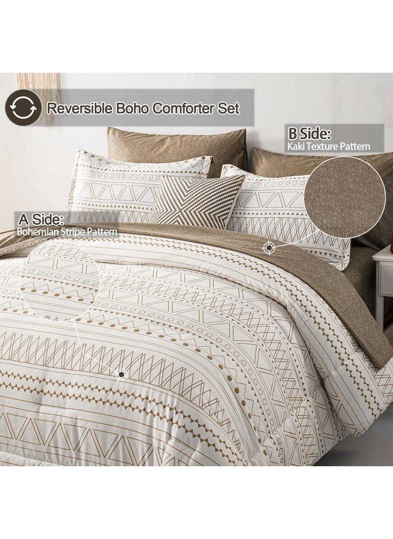 WONGS BEDDING WONGS BEDDING 7 Pieces Khaki Comforter Set Boho Bed in a Bag King Size Geometric Striped Comforter Reversible Soft Microfiber Bedding Set with Pillowcases Flat Sheet Fitted Sheet Pillow Shams  - Image 3