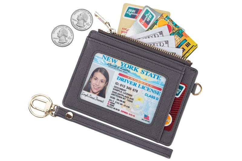 Suweibuke Women Slim Rfid Blocking Credit Card Case Holder Wristlet Zip ID Case Wallet Small Compact Leather Wallet Coin Purse with Keychain (Gray a) - Image 2