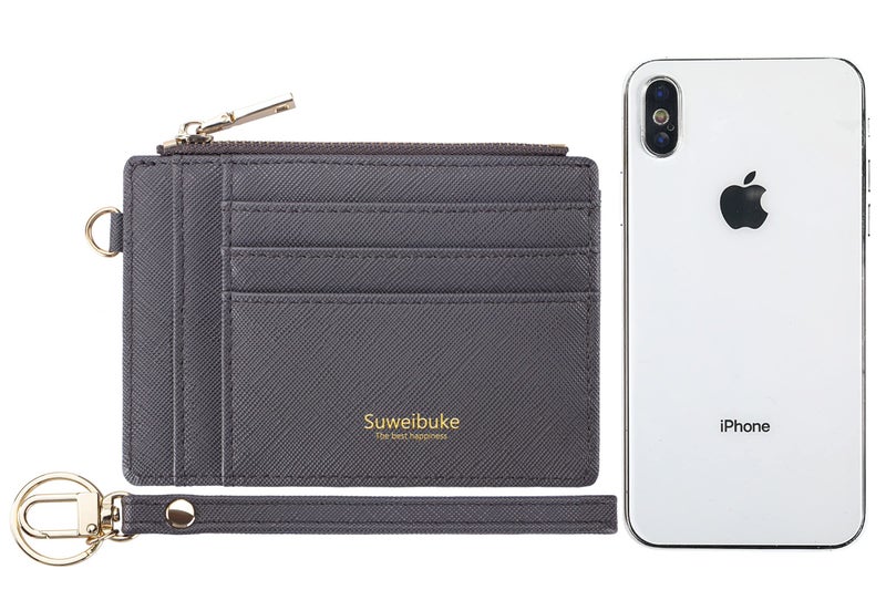 Suweibuke Women Slim Rfid Blocking Credit Card Case Holder Wristlet Zip ID Case Wallet Small Compact Leather Wallet Coin Purse with Keychain (Gray a) - Image 3
