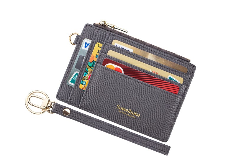 Suweibuke Women Slim Rfid Blocking Credit Card Case Holder Wristlet Zip ID Case Wallet Small Compact Leather Wallet Coin Purse with Keychain (Gray a) - Image 1