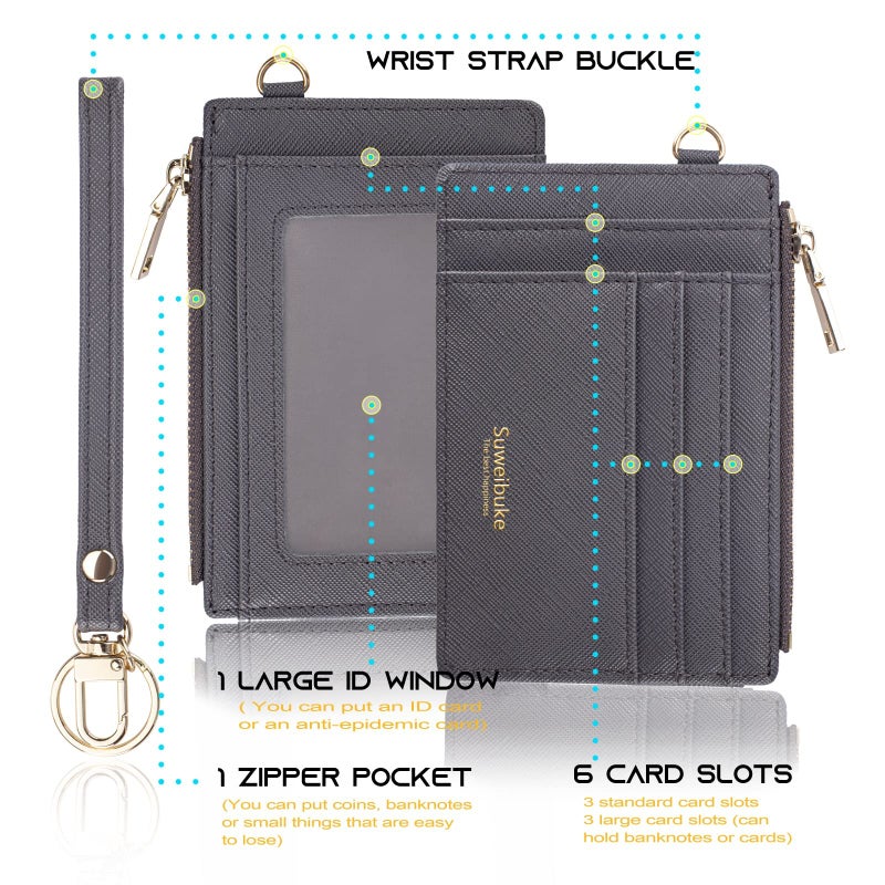 Suweibuke Women Slim Rfid Blocking Credit Card Case Holder Wristlet Zip ID Case Wallet Small Compact Leather Wallet Coin Purse with Keychain (Gray a) - Image 5