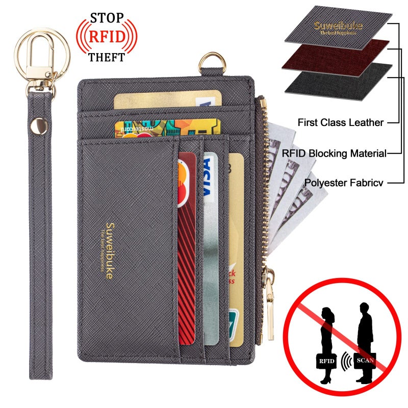Suweibuke Women Slim Rfid Blocking Credit Card Case Holder Wristlet Zip ID Case Wallet Small Compact Leather Wallet Coin Purse with Keychain (Gray a) - Image 4
