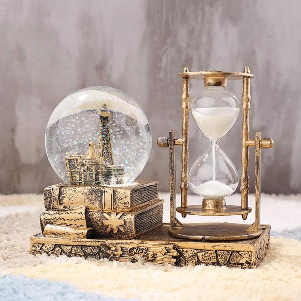 HEYOL Crystal Snow Globe with Hourglass Timer LED Light Musical Globe Music Box Vintage Brass Book Tower Decoration for Home Living Room Desktop Pack of 1Golden Snow Globe Tower_1 - Image 1