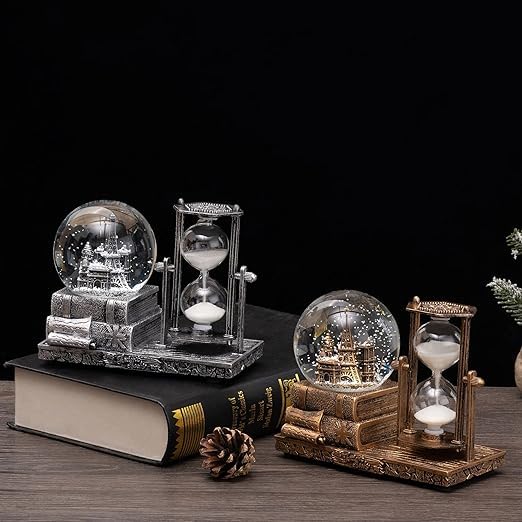 HEYOL Crystal Snow Globe with Hourglass Timer LED Light Musical Globe Music Box Vintage Brass Book Tower Decoration for Home Living Room Desktop Pack of 1Golden Snow Globe Tower_1 - Image 3