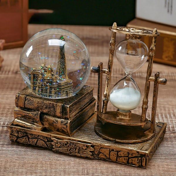 HEYOL Crystal Snow Globe with Hourglass Timer LED Light Musical Globe Music Box Vintage Brass Book Tower Decoration for Home Living Room Desktop Pack of 1Golden Snow Globe Tower_1 - Image 2