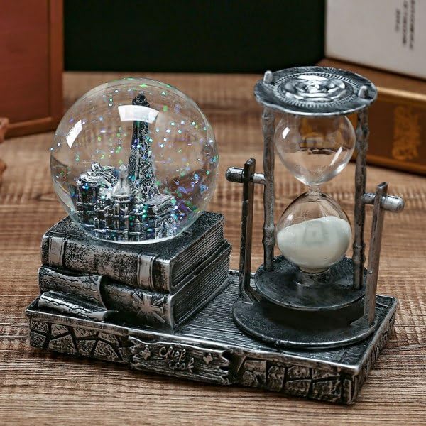 HEYOL Crystal Snow Globe with Hourglass Timer LED Light Musical Globe Music Box Vintage Brass Book Tower Decoration for Home Living Room Desktop Pack of 1Golden Snow Globe Tower_1 - Image 5