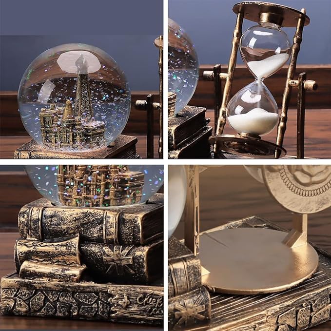 HEYOL Crystal Snow Globe with Hourglass Timer LED Light Musical Globe Music Box Vintage Brass Book Tower Decoration for Home Living Room Desktop Pack of 1Golden Snow Globe Tower_1 - Image 4
