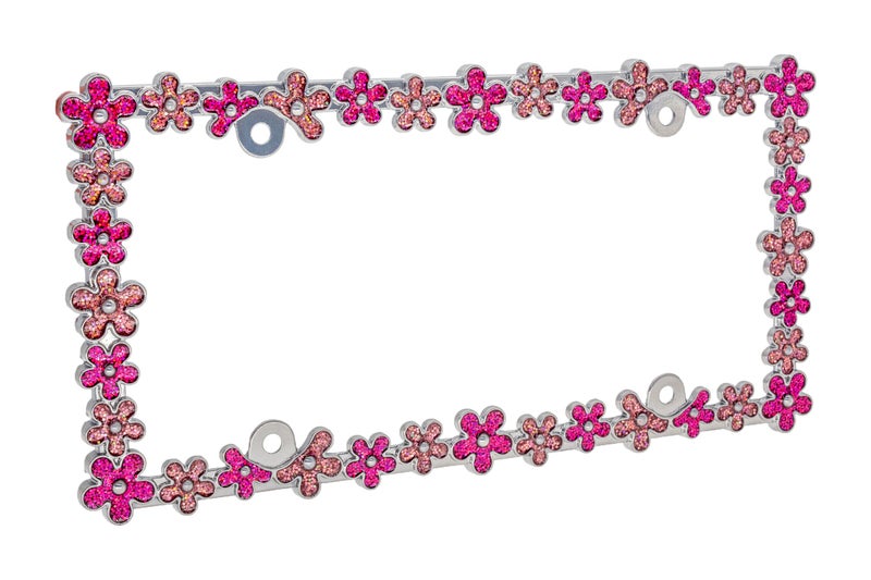 Creathome 3D Shining Daisy Wrenth License Plate Frame from Pure Zinc Alloy Metal Perfect Plate Holder, Chrome with Pink Glitter - Image 3