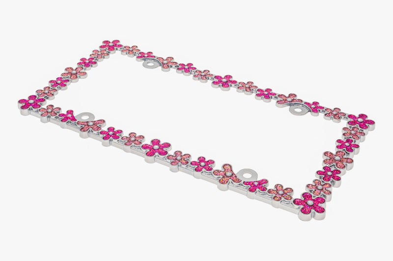 Creathome 3D Shining Daisy Wrenth License Plate Frame from Pure Zinc Alloy Metal Perfect Plate Holder, Chrome with Pink Glitter - Image 4