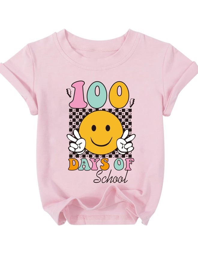 YHHR Toddler 100 Days of School Shirt Boys Girls Smile Face 100th Day of School Shirts Back to School Tee, Pink, 4-5 Years - Image 1