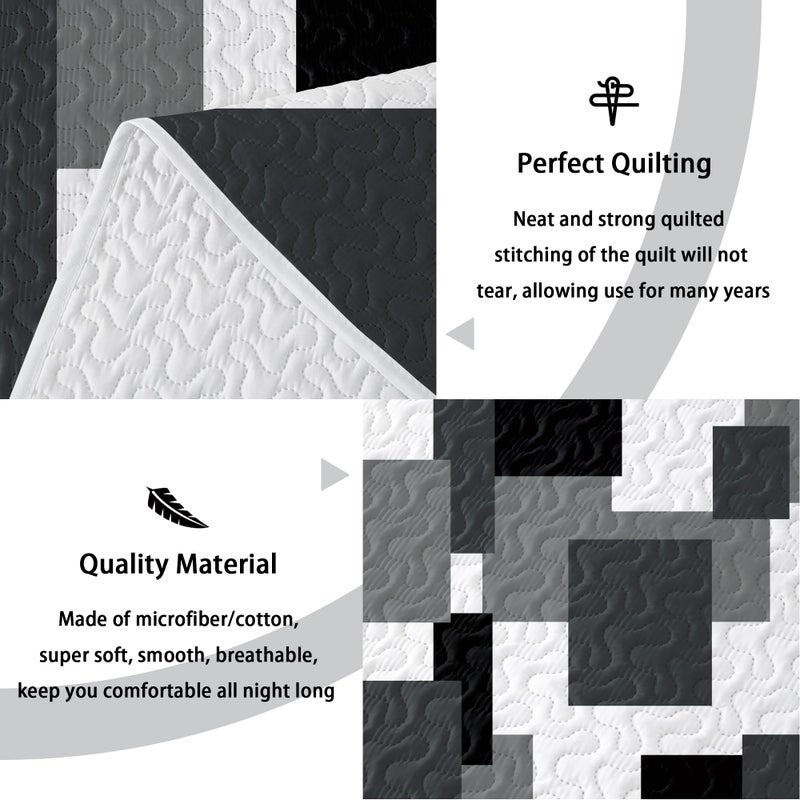Tyrot 3 Piece Black Grey Quilt Set King Size Black White Gray Geometric Reversible Bedding Set Microfiber Lightweight Bedspread Coverlet with 2 Shams Modern Bed Covers for All Season, 106''x96'' - Image 4