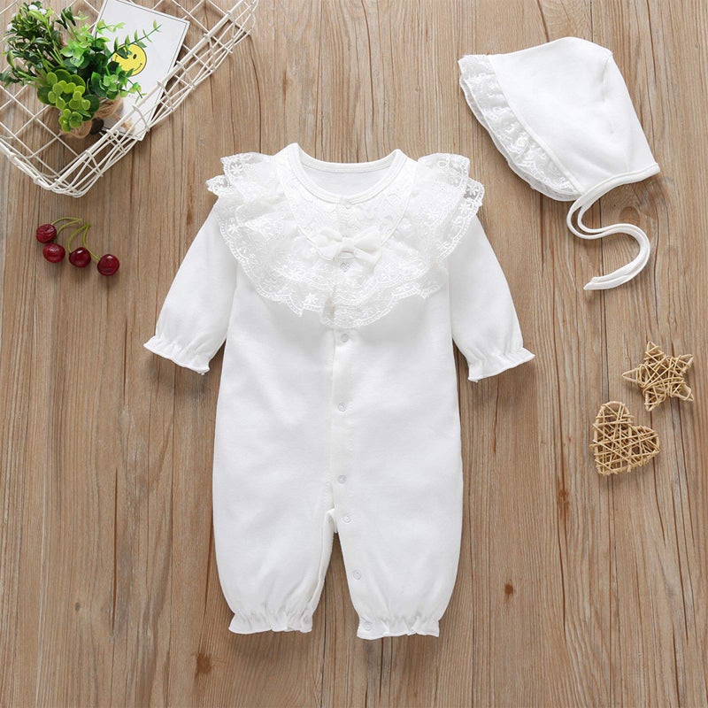 amropi Baby Girls Cotton Romper Lace Collar Jumpsuits Long Sleeve Coveralls with Hat 2 Pieces 0-3 Months, White - Image 2
