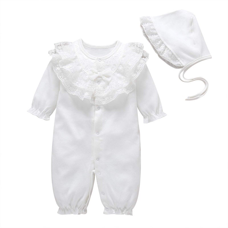 amropi Baby Girls Cotton Romper Lace Collar Jumpsuits Long Sleeve Coveralls with Hat 2 Pieces 0-3 Months, White - Image 1