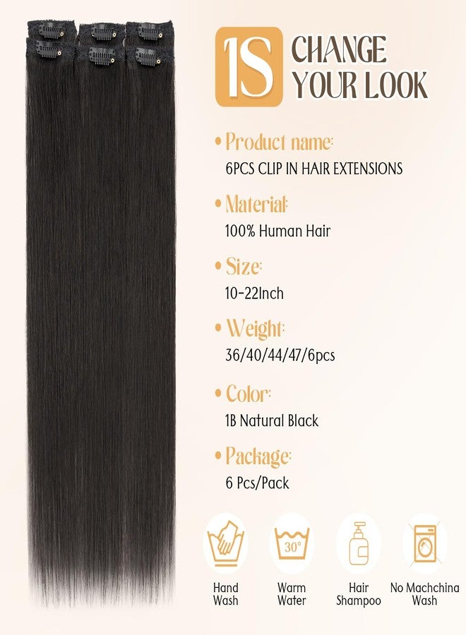 S-noilite 6Pcs Clip in Human Hair Extensions,Remy Single Clip in Hair Extensions 6Pcs 6clips Straight Natural Black Seamless Hairpieces for Women 20Inch 44g - Image 2