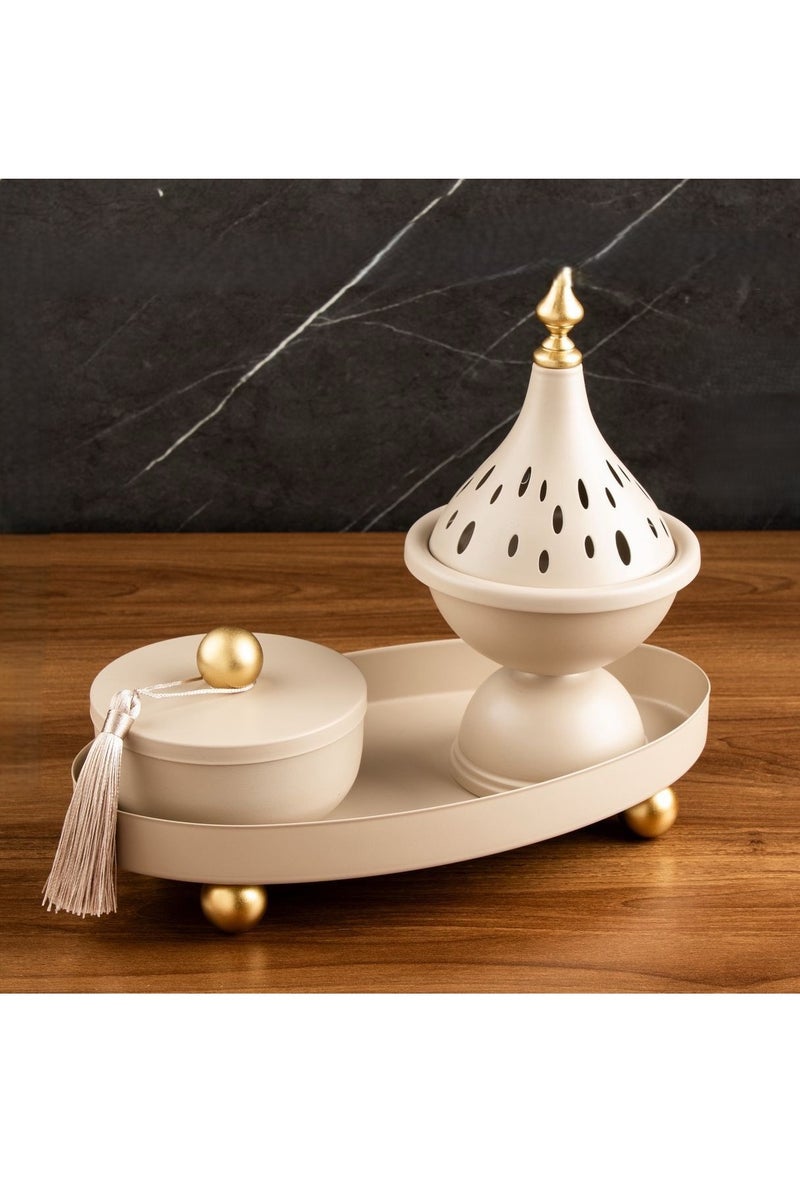 A modern, distinctively designed incense burner and incense box set in beige. - Image 2