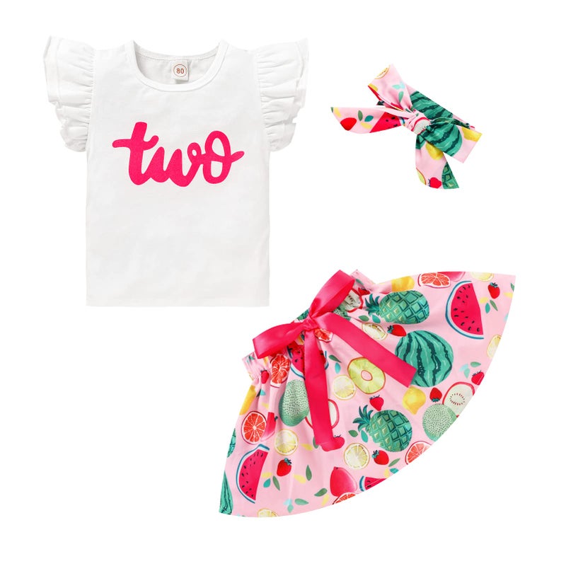 Viworld Baby Girl 2nd Birthday Outfits Toddler Girl Two Ruffle Top Shirt+Watermelon Skirts Set Cake Smash Clothes(White6,2T - Image 1