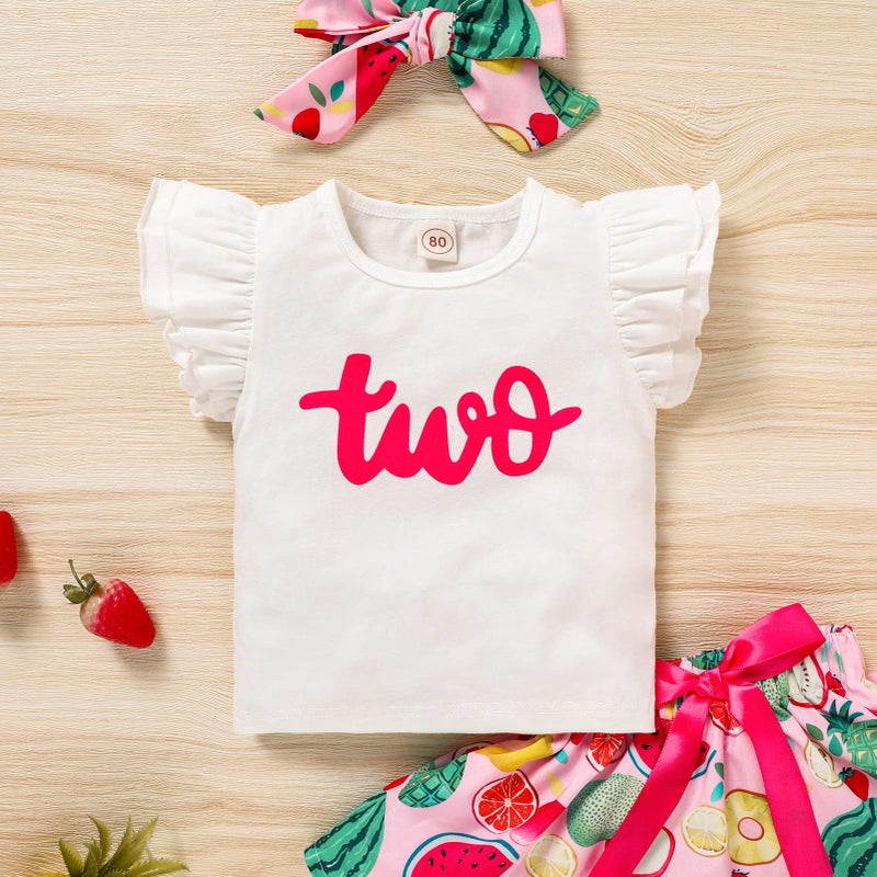 Viworld Baby Girl 2nd Birthday Outfits Toddler Girl Two Ruffle Top Shirt+Watermelon Skirts Set Cake Smash Clothes(White6,2T - Image 2