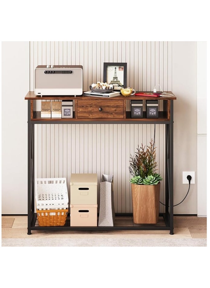 EXPERT Wood and Iron Console Table, 1 Drawers and 2 Shelves, Taupe Wood with Dark FrameWood and Iron Console Table, 1 Drawers and 2 Shelves, Taupe Wood with Dark Frame-EI-301  - Image 1