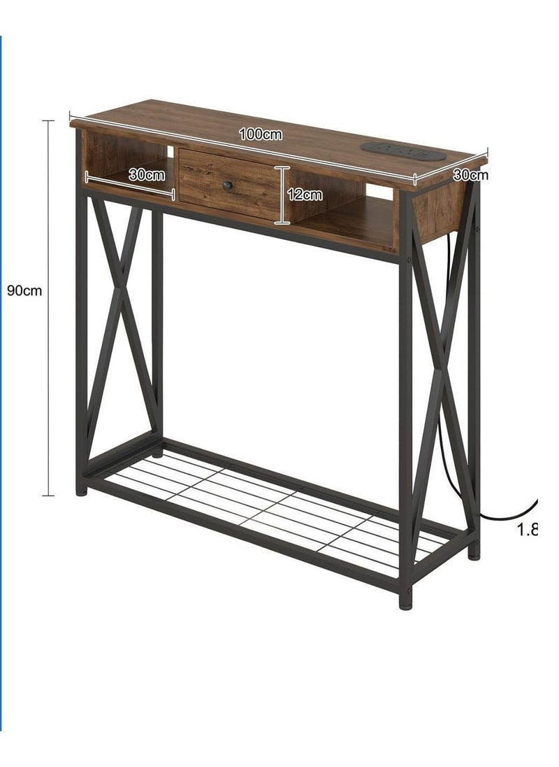 EXPERT Wood and Iron Console Table, 1 Drawers and 2 Shelves, Taupe Wood with Dark FrameWood and Iron Console Table, 1 Drawers and 2 Shelves, Taupe Wood with Dark Frame-EI-301  - Image 2