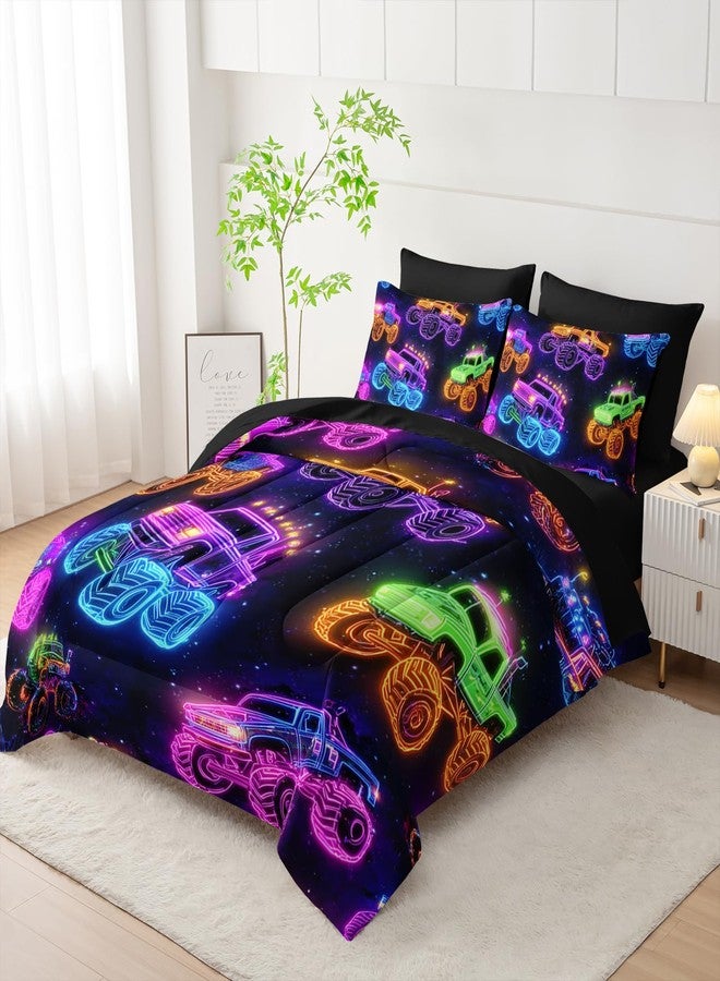 XYNHML Colorful Neon Off-Road Racing Truck Comforter 7Pcs Cool Speed Race Car Bedding Set for Kid Boy Girl Adult Extreme Sports Games Quilt Set Twin with 2 Sheets,2 Pillowcases,2 Throw Pillow Covers - Image 2