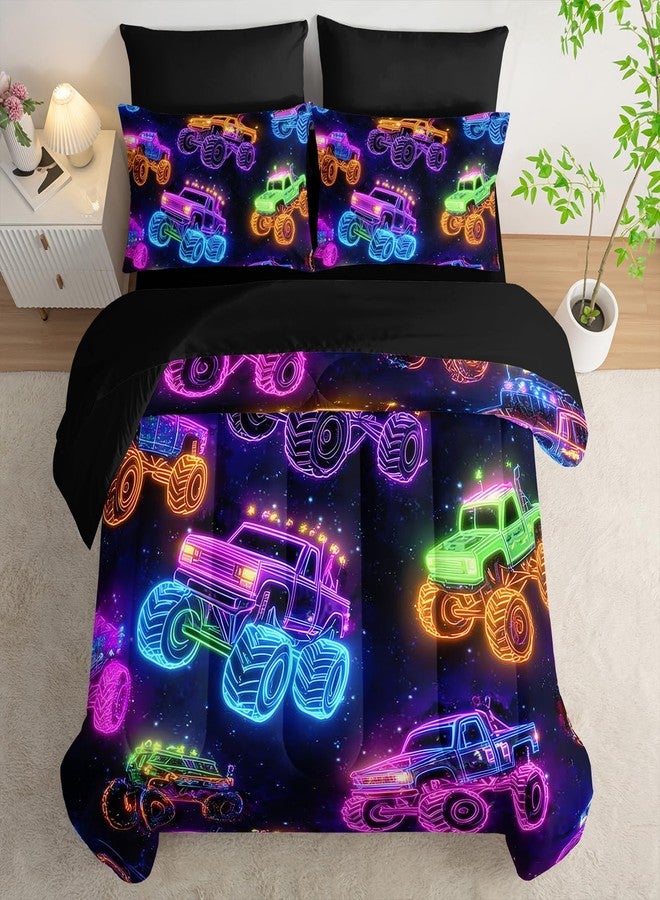XYNHML Colorful Neon Off-Road Racing Truck Comforter 7Pcs Cool Speed Race Car Bedding Set for Kid Boy Girl Adult Extreme Sports Games Quilt Set Twin with 2 Sheets,2 Pillowcases,2 Throw Pillow Covers - Image 3