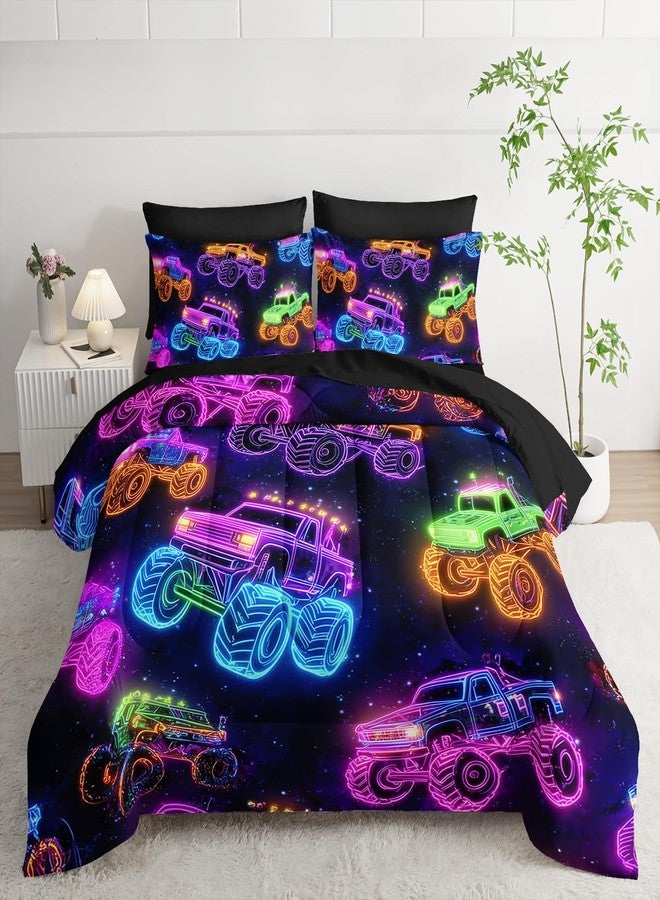 XYNHML Colorful Neon Off-Road Racing Truck Comforter 7Pcs Cool Speed Race Car Bedding Set for Kid Boy Girl Adult Extreme Sports Games Quilt Set Twin with 2 Sheets,2 Pillowcases,2 Throw Pillow Covers - Image 1