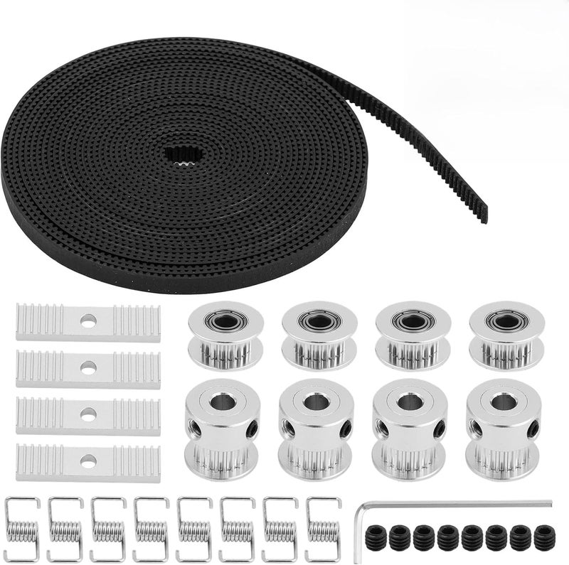 Gt2 Timing Belt 16.4 Ft, 20-Tooth Timing Pulley Wheels 4 Pcs, Idler Pulley 4 Pcs, Torsion Springs 8 Pcs, Gear Clamp Mount Blocks 4 Pcs with Allen Wrench for 3D Printer - Image 1