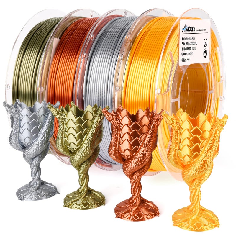 AMOLEN PLA 3D Printer Filament PLA Filament 1.75mm Silk Filament Bundle,Gold, Silver,Bronze, Red Copper,3D Printing Filament Bundle, 200gX 4 Spools - Image 1