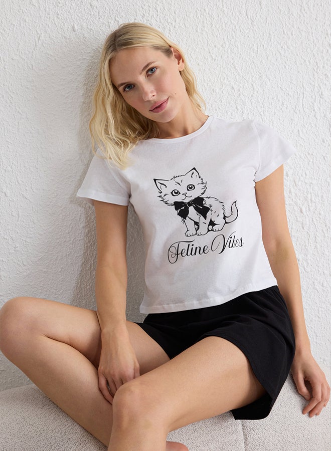 trendyol White Cat and Ribbon/Bow Printed Shorts and Knitted Pajama Set - Image 2