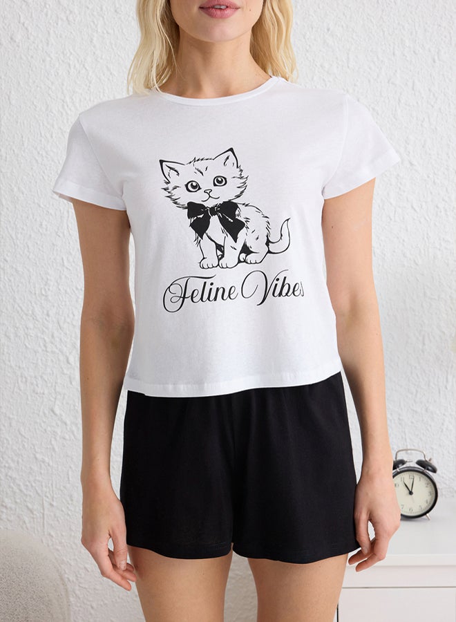 trendyol White Cat and Ribbon/Bow Printed Shorts and Knitted Pajama Set - Image 3