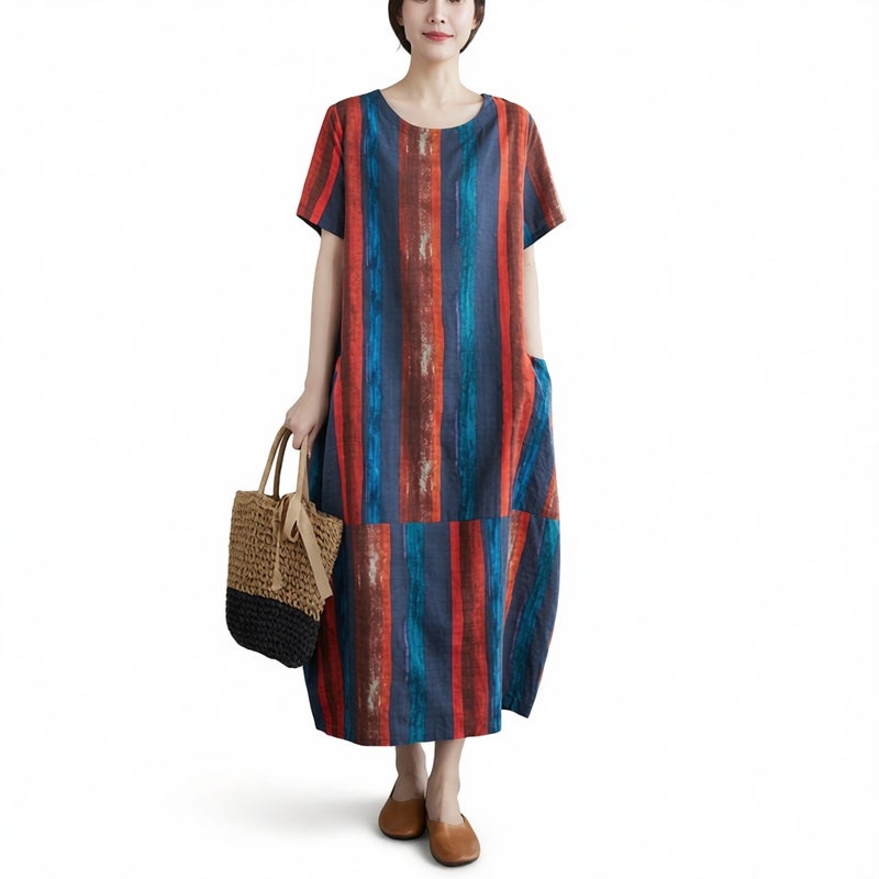 Cotton Linen Printed Loose Long Robe Dress Round Neck Plus Size Ethnic Style - Image 1