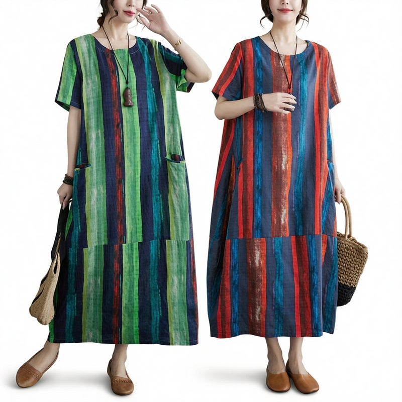 Cotton Linen Printed Loose Long Robe Dress Round Neck Plus Size Ethnic Style - Image 2
