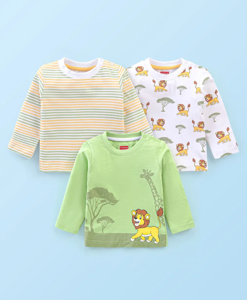 babyhug Babyhug Full Sleeves T-Shirt Wild Animals Print Pack of 3 - Green & White