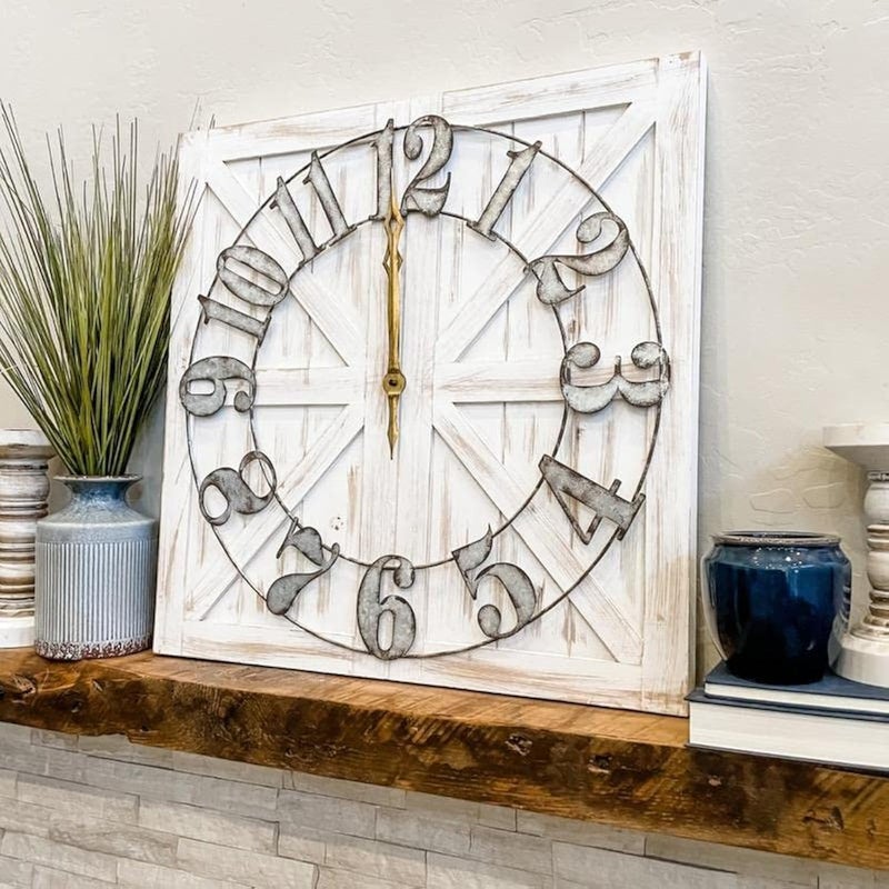 ALBEN ALBEN Large Farmhouse Wall Clock  24 inch Square Farmhouse Style Clock Bundled with Decorative Reversible Wooden Sign 