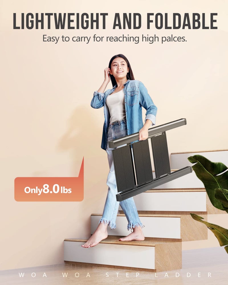WOA WOA 3 Step Ladder, Foldable Step Stool, Lightweight Ladder for Home Kitchen Closet, Anti-Slip Aluminum Pedals, Ease of Folding, Portable, 300lbs Capacity - Black - Image 2