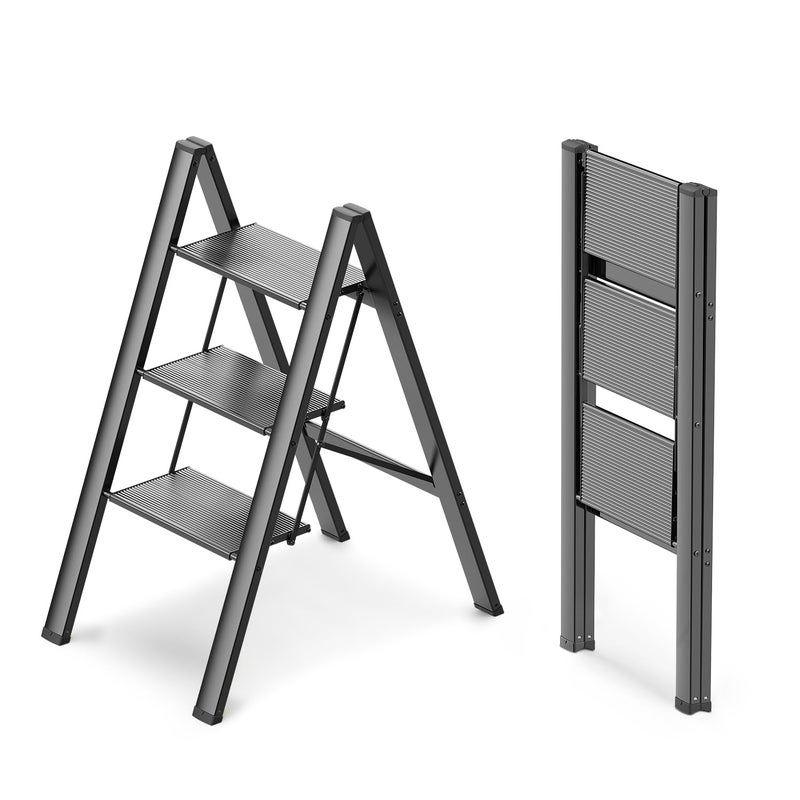 WOA WOA 3 Step Ladder, Foldable Step Stool, Lightweight Ladder for Home Kitchen Closet, Anti-Slip Aluminum Pedals, Ease of Folding, Portable, 300lbs Capacity - Black - Image 1