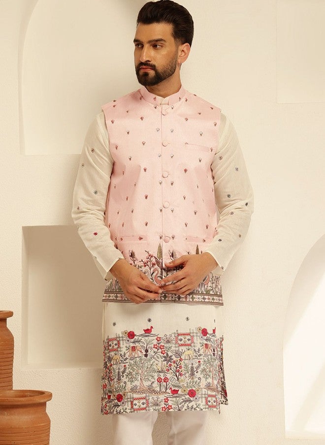 Sojanya Pink Embroidered Nehru Jacket for Men - Image 1