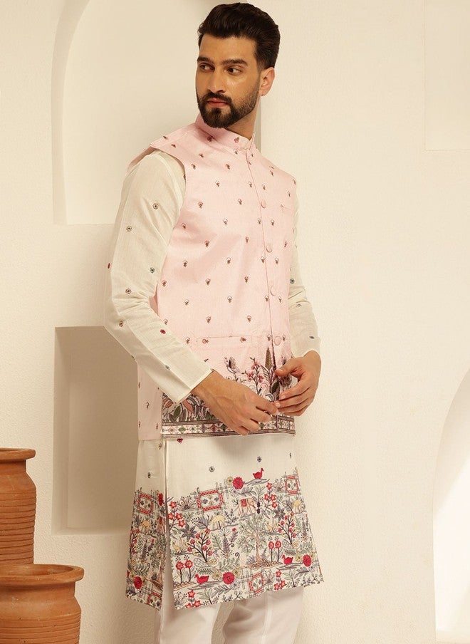 Sojanya Pink Embroidered Nehru Jacket for Men - Image 3