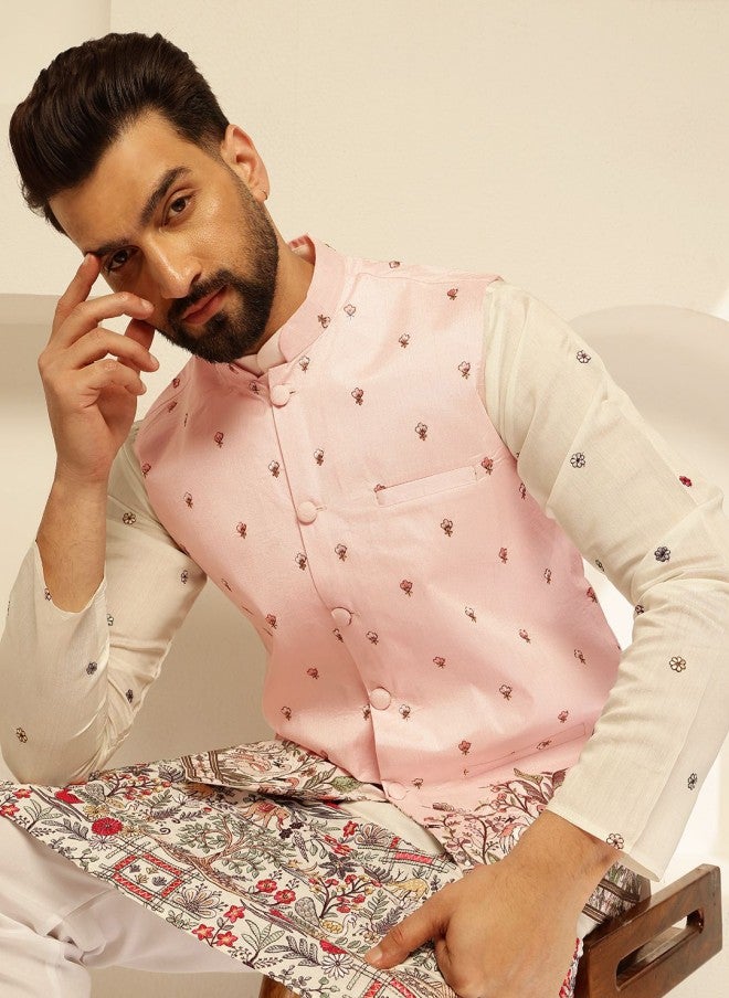 Sojanya Pink Embroidered Nehru Jacket for Men - Image 2