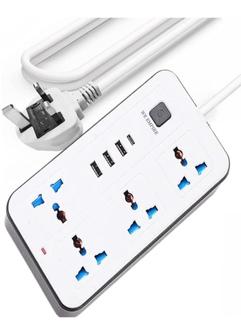 WEI Empire Universal Power Extension Cord 4 Power Sockets 3 USB Ports Type C Port 3M Extension Cord Efficient 4 Way Home Power Strip with Stylish Design (4 Way - 3M)