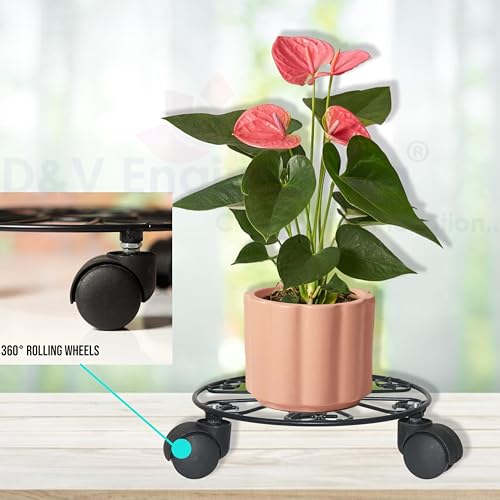 D&V ENGINEERING - Creative in innovation D&V Engineering Heavy Duty Metal Plant Stand with Wheels | 50 kg Load Capacity | Powder Coated Round Black Plant Pot Trolley for Indoor, Outdoor, Balcony & Garden | Pack of 4 - Image 2
